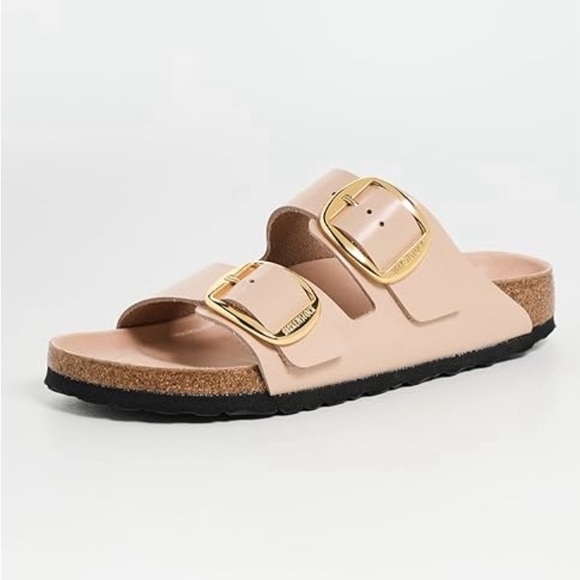 Birkenstock Arizona Soft Pink Leather Sandals with Gold Buckles - Picture 2 of 5